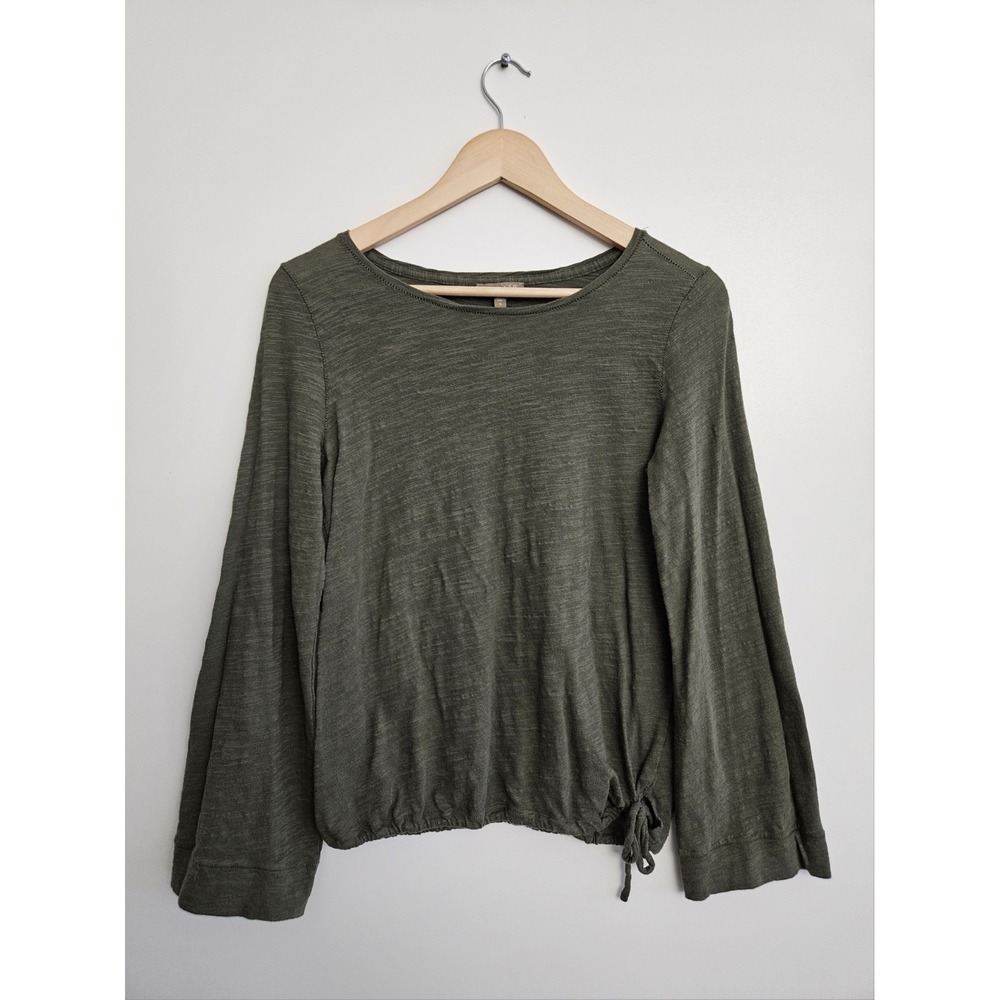 Lilla P Olive Green Top S‎ Small Peruvian Cotton Long Sleeve Side Tie Hem Peru